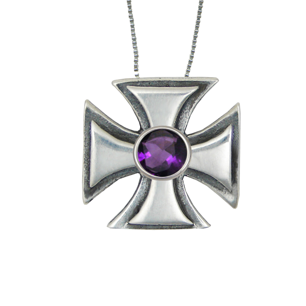 Sterling Silver Iron Cross Pendant With Amethyst